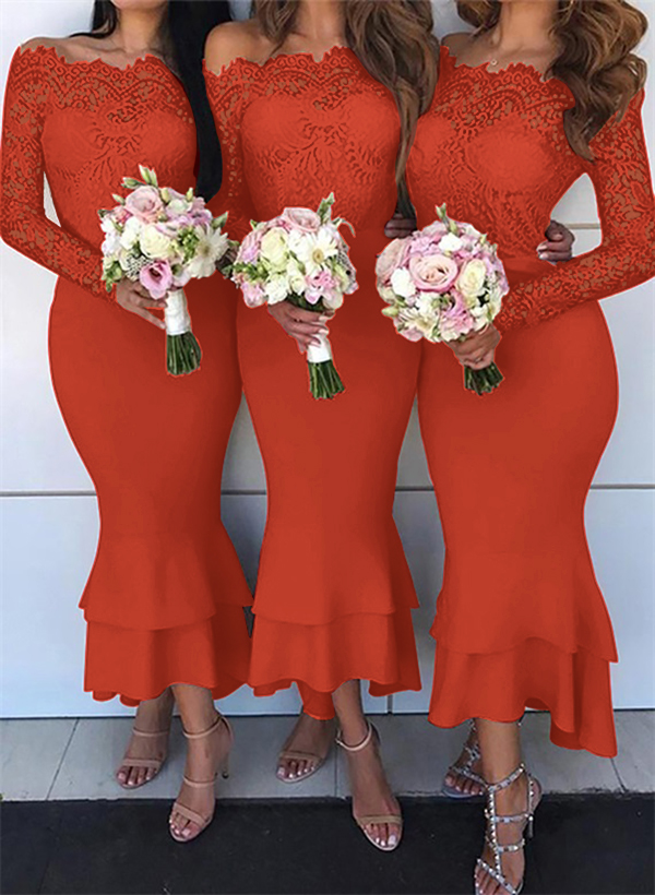 Trumpet/Mermaid Off-The-Shoulder Long Sleeves Lace/Satin Bridesmaid Dresses, product image 52
