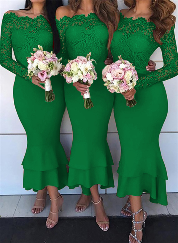 Trumpet/Mermaid Off-The-Shoulder Long Sleeves Lace/Satin Bridesmaid Dresses, product image 42