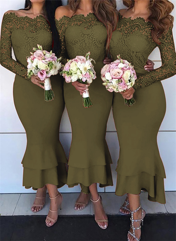 Trumpet/Mermaid Off-The-Shoulder Long Sleeves Lace/Satin Bridesmaid Dresses, product image 41