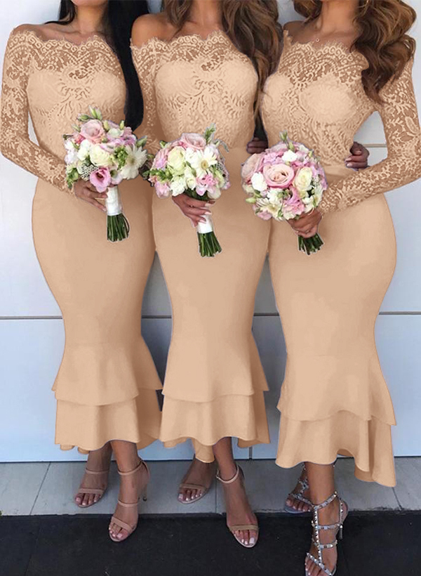 Trumpet/Mermaid Off-The-Shoulder Long Sleeves Lace/Satin Bridesmaid Dresses, product image 50