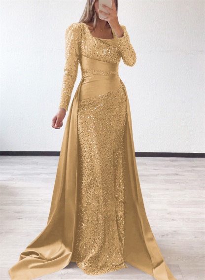 Square Neckline Long Sleeves Sequined Mother Of The Bride Dresses