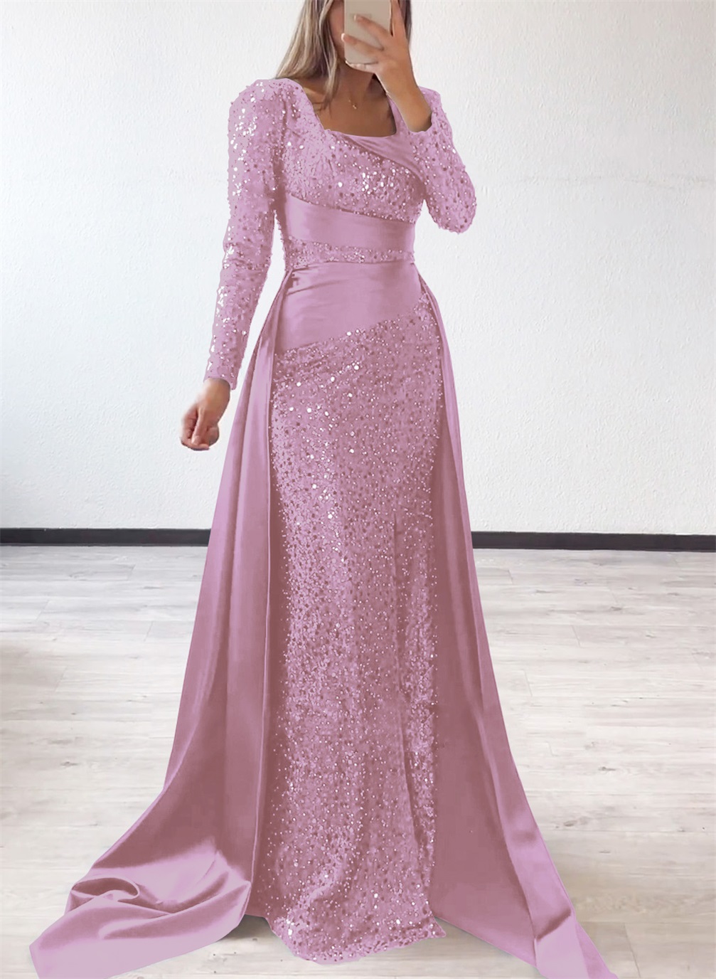 Square Neckline Long Sleeves Sequined Mother Of The Bride Dresses
