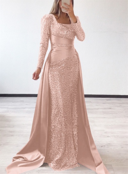 Square Neckline Long Sleeves Sequined Mother Of The Bride Dresses