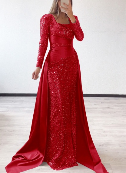 Square Neckline Long Sleeves Sequined Mother Of The Bride Dresses