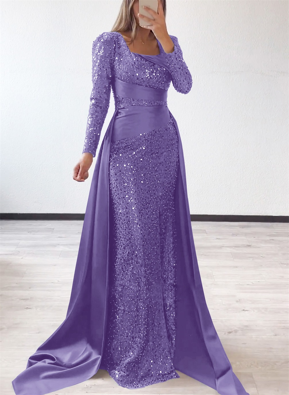 Square Neckline Long Sleeves Sequined Mother Of The Bride Dresses
