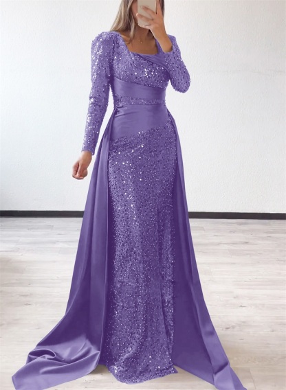Square Neckline Long Sleeves Sequined Mother Of The Bride Dresses