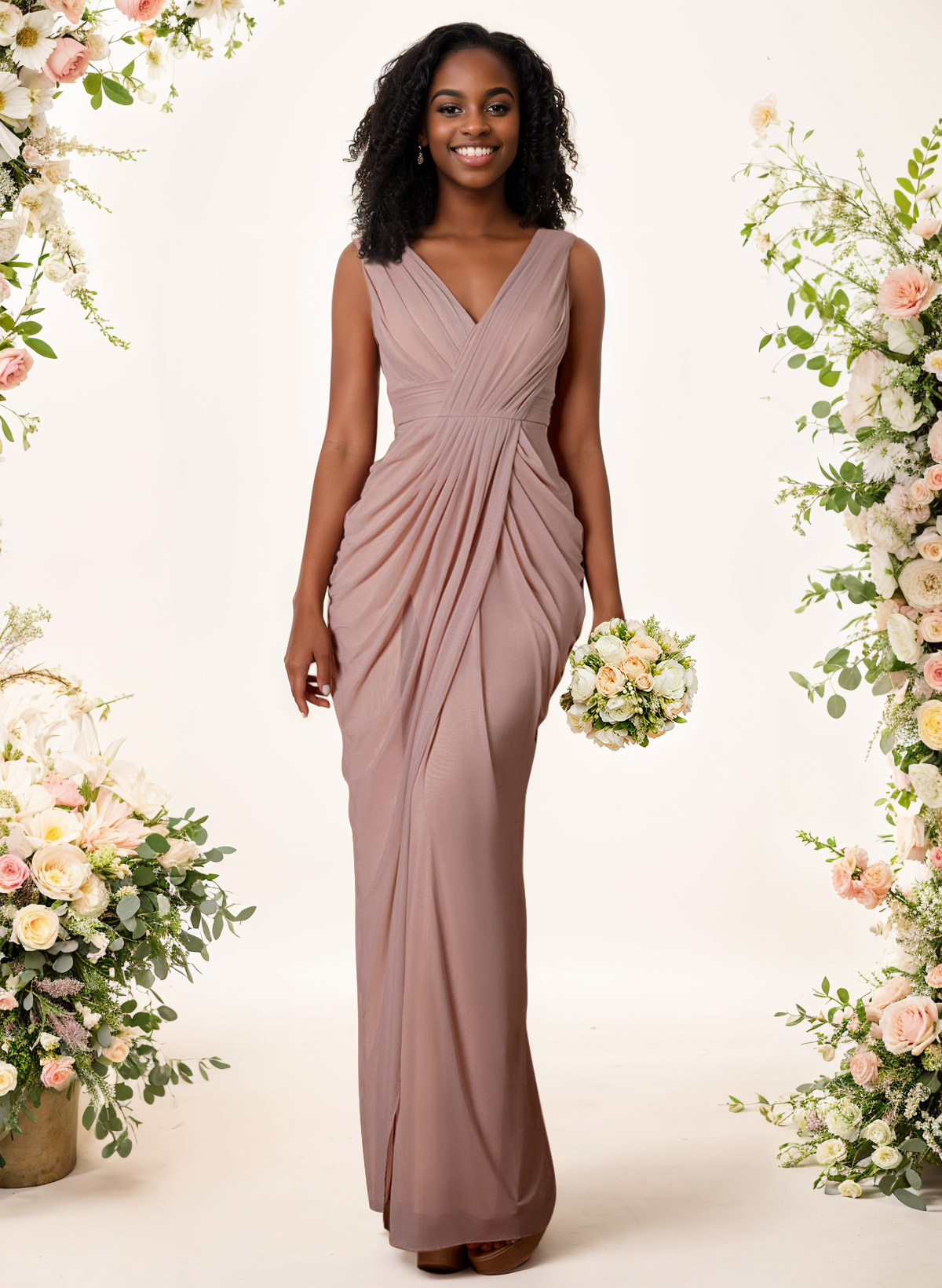 Sheath/Column V-Neck Sleeveless Floor-Length Chiffon Bridesmaid Dresses, product image 2