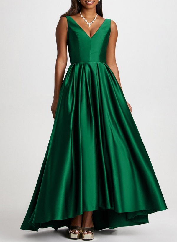 A-Line V-Neck Sleeveless Asymmetrical Satin Bridesmaid Dresses