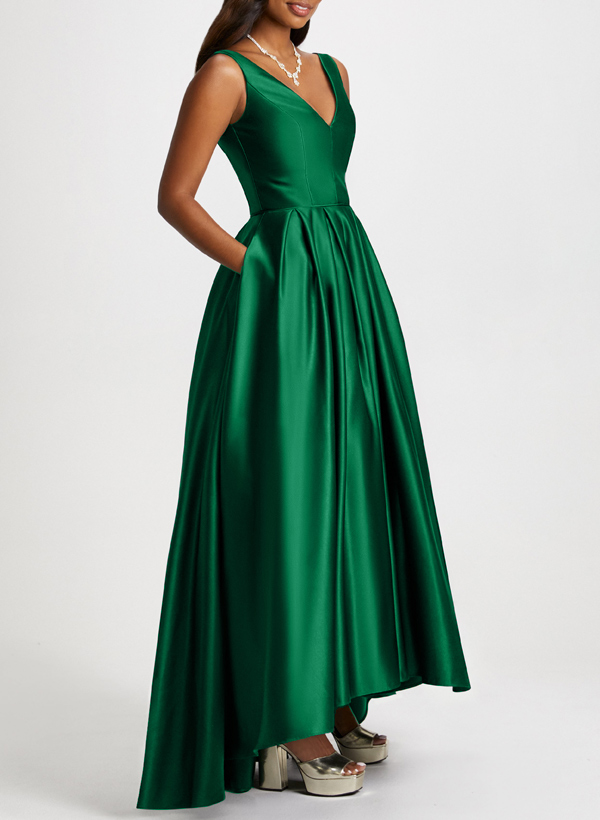 A-Line V-Neck Sleeveless Asymmetrical Satin Bridesmaid Dresses