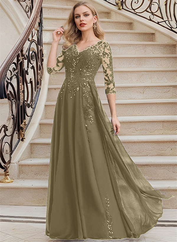 Elegant V-Neck 3/4 Sleeves Floor-Length Chiffon Mother Of The Bride Dresses With Appliques Lace