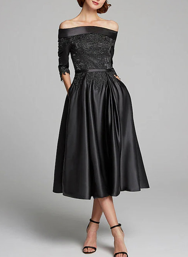 A-Line Tea-Length Satin(Non-Stretch) Bridesmaid Dresses With Appliques Lace in Black, US2