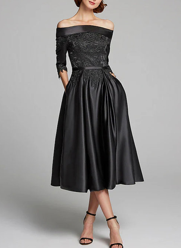 A-Line Tea-Length Satin(Non-Stretch) Bridesmaid Dresses With Appliques Lace in Black, US2