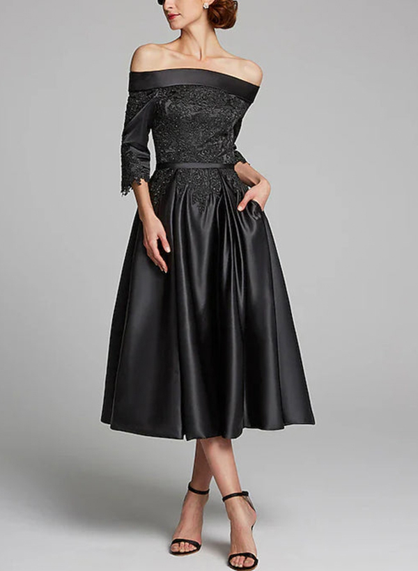 A-Line Tea-Length Satin(Non-Stretch) Bridesmaid Dresses With Appliques Lace, image 2