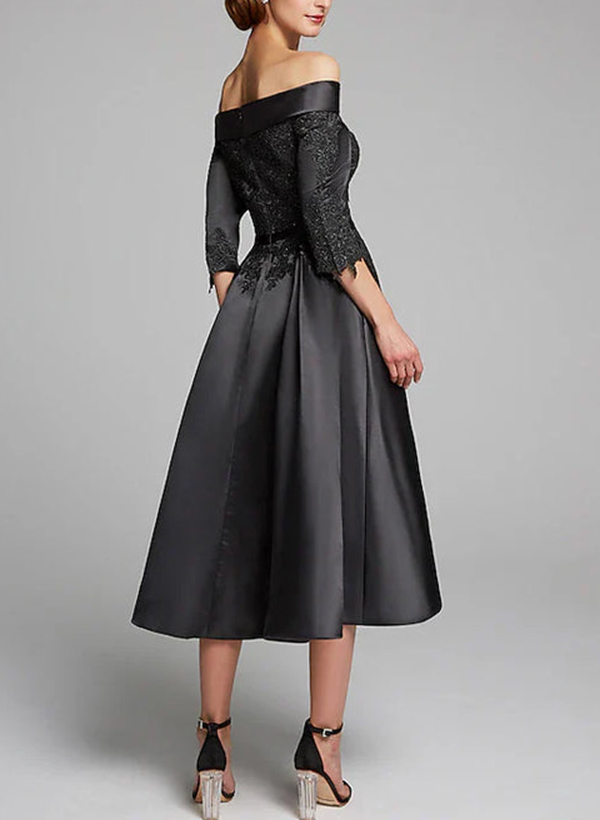 A-Line Tea-Length Satin(Non-Stretch) Bridesmaid Dresses With Appliques Lace, image 3