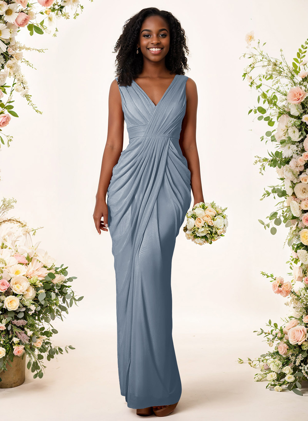 Sheath/Column V-Neck Sleeveless Floor-Length Chiffon Bridesmaid Dresses, product image 13