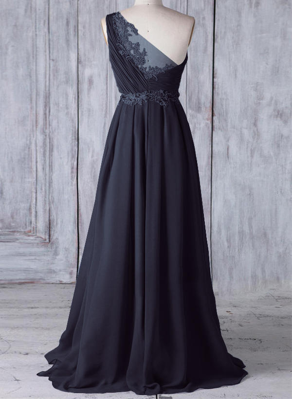 A-Line One-Shoulder Sleeveless Chiffon Bridesmaid Dresses With Lace, image 6