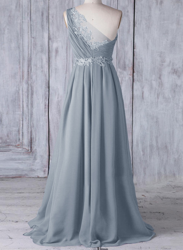 A-Line One-Shoulder Sleeveless Chiffon Bridesmaid Dresses With Lace, image 8