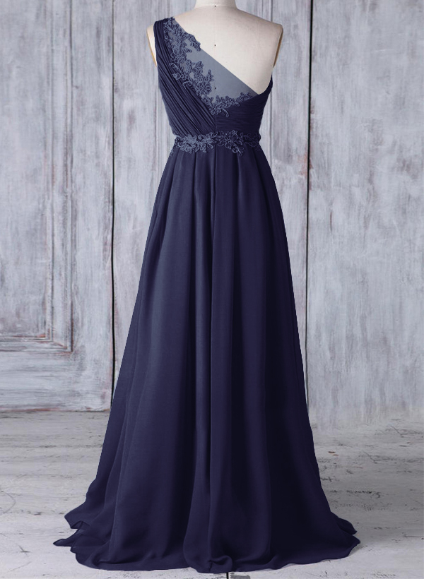 A-Line One-Shoulder Sleeveless Chiffon Bridesmaid Dresses With Lace, image 7