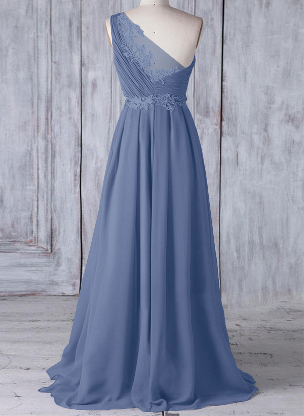 A-Line One-Shoulder Sleeveless Chiffon Bridesmaid Dresses With Lace, image 5