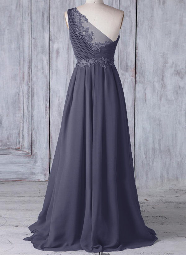 A-Line One-Shoulder Sleeveless Chiffon Bridesmaid Dresses With Lace, image 9
