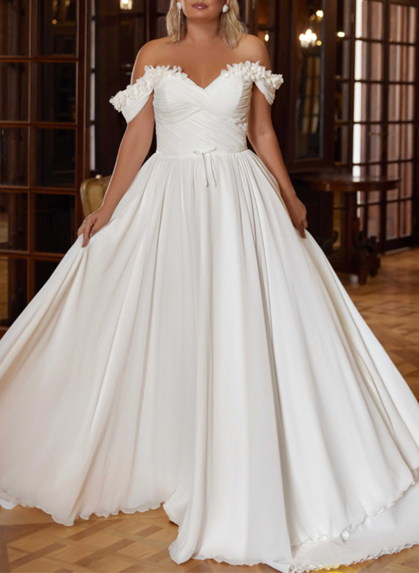 Plus Size A-Line Off-The-Shoulder Chiffon Wedding Dresses With Flower(s), product image 1