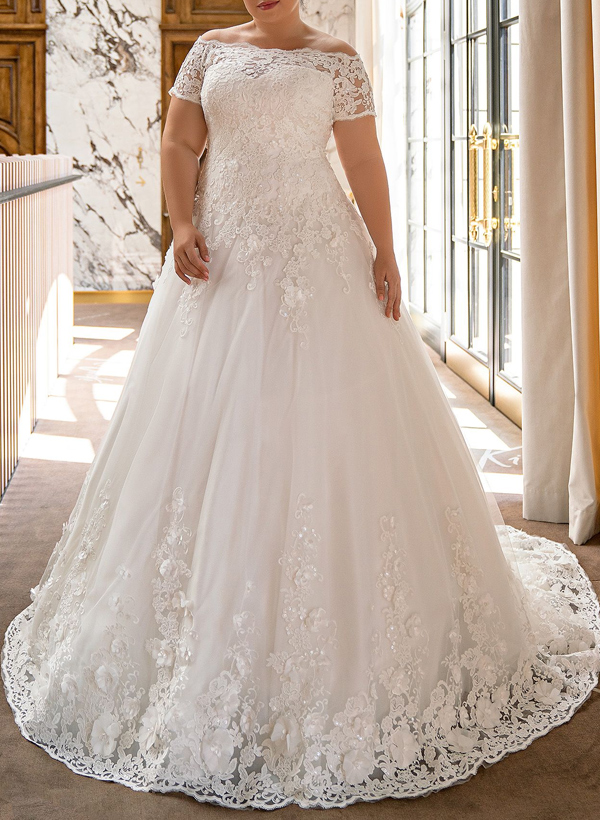 Plus Size A-Line Off-The-Shoulder Court Train Tulle Wedding Dresses With Lace, product image 1