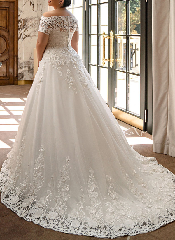 Plus Size A-Line Off-The-Shoulder Court Train Tulle Wedding Dresses With Lace, product image 2