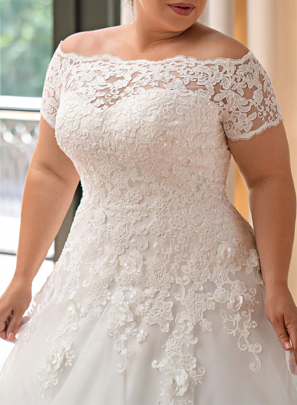Plus Size A-Line Off-The-Shoulder Court Train Tulle Wedding Dresses With Lace, product image 3