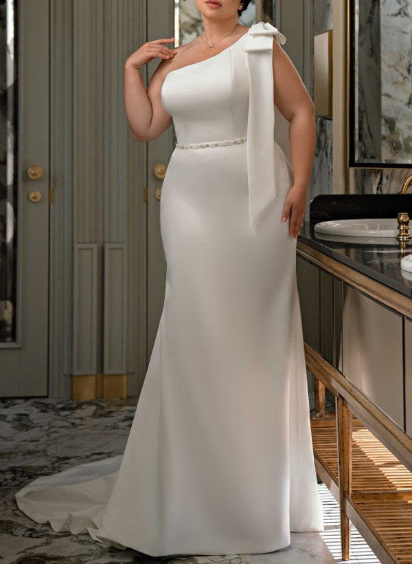 Plus Size Trumpet/Mermaid One-Shoulder Satin Wedding Dresses With Bow(s) in Ivory, US2