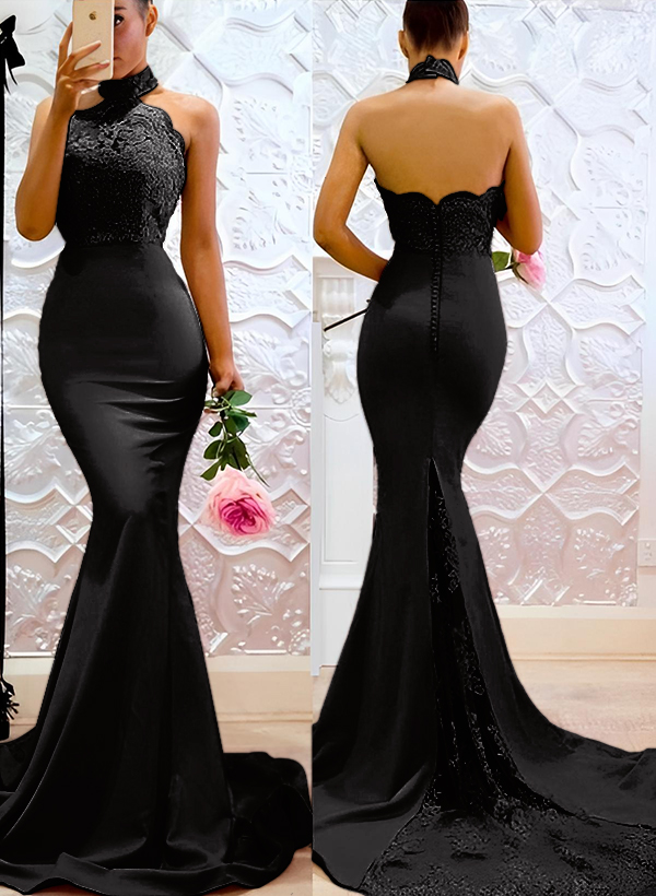 Lace Mermaid Halter Open Back Bridesmaid Dresses With Elastic Satin, image 9