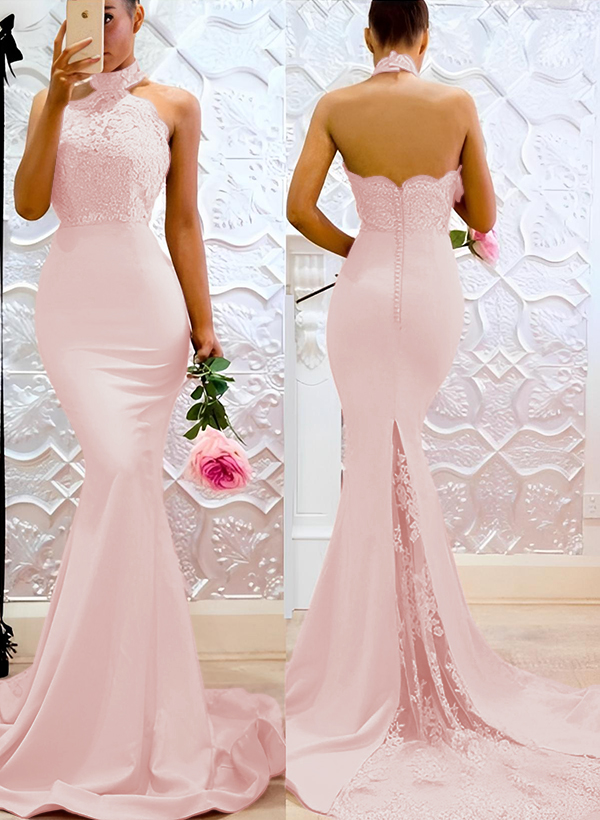 Lace Mermaid Halter Open Back Bridesmaid Dresses With Elastic Satin, image 15