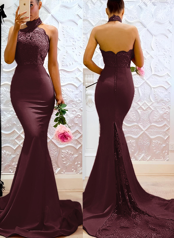 Lace Mermaid Halter Open Back Bridesmaid Dresses With Elastic Satin, image 4