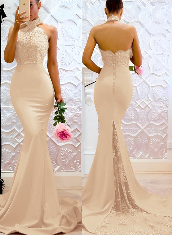 Lace Mermaid Halter Open Back Bridesmaid Dresses With Elastic Satin, image 11
