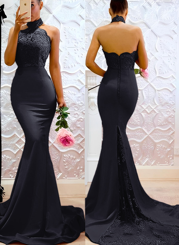 Lace Mermaid Halter Open Back Bridesmaid Dresses With Elastic Satin, image 6