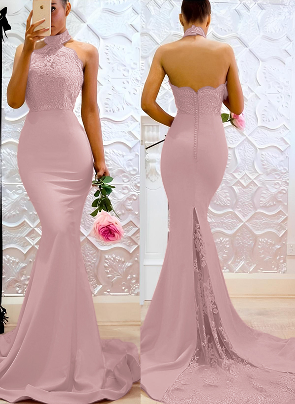 Lace Mermaid Halter Open Back Bridesmaid Dresses With Elastic Satin, image 10