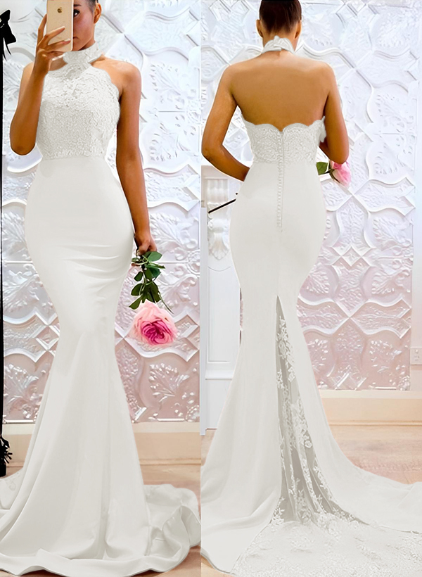 Lace Mermaid Halter Open Back Bridesmaid Dresses With Elastic Satin, image 12