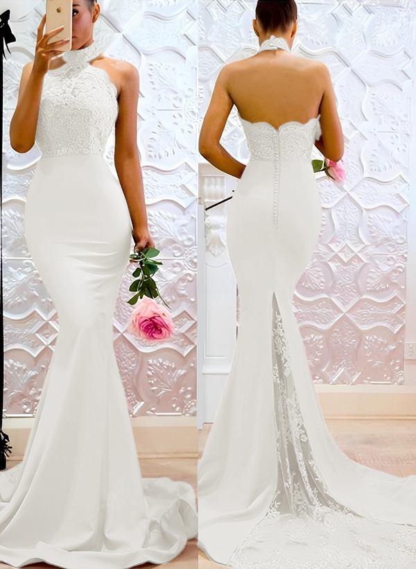 Lace Mermaid Halter Open Back Bridesmaid Dresses With Elastic Satin, image 12