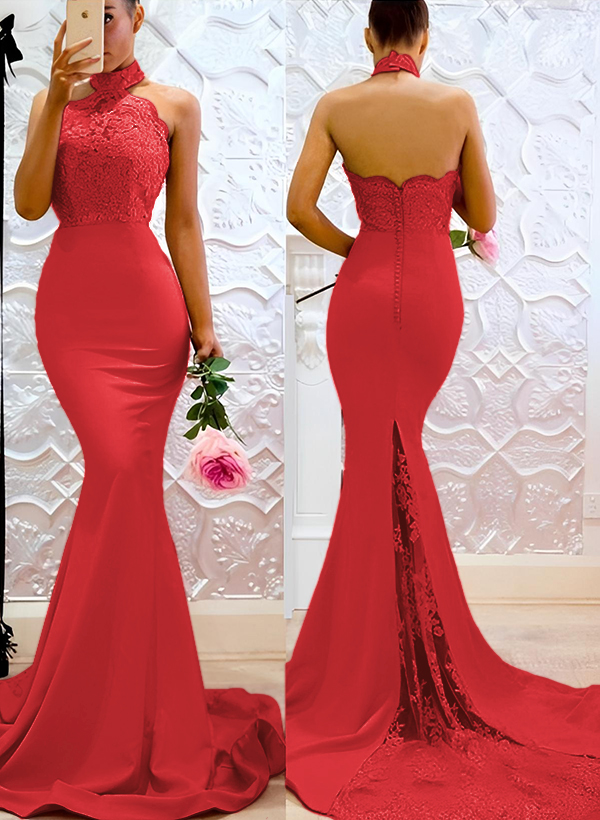 Lace Mermaid Halter Open Back Bridesmaid Dresses With Elastic Satin, image 5