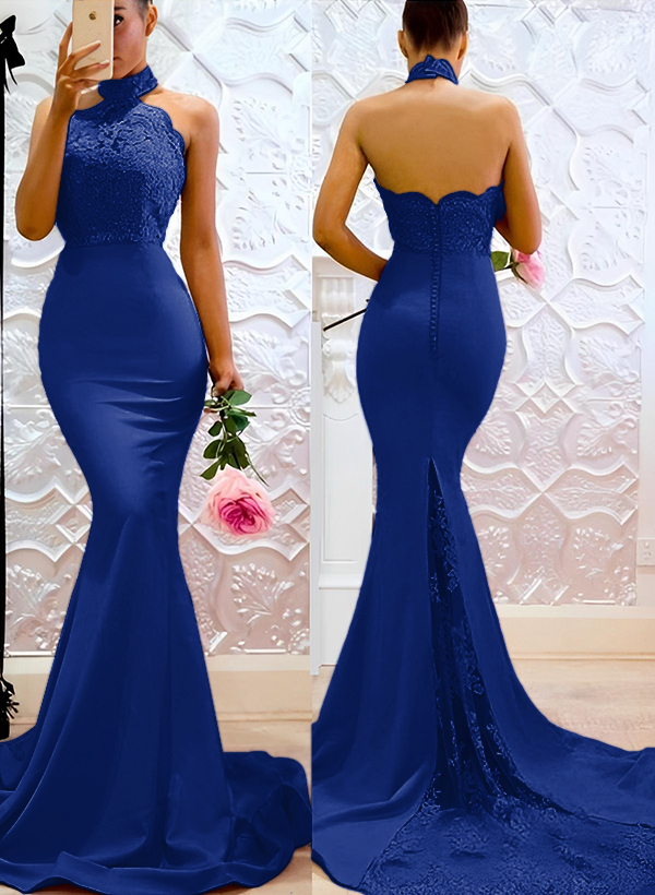 Lace Mermaid Halter Open Back Bridesmaid Dresses With Elastic Satin, image 7