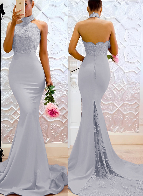 Lace Mermaid Halter Open Back Bridesmaid Dresses With Elastic Satin, image 13