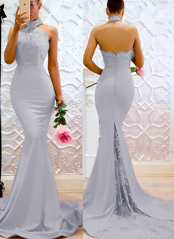 Lace Mermaid Halter Open Back Bridesmaid Dresses With Elastic Satin, image 13