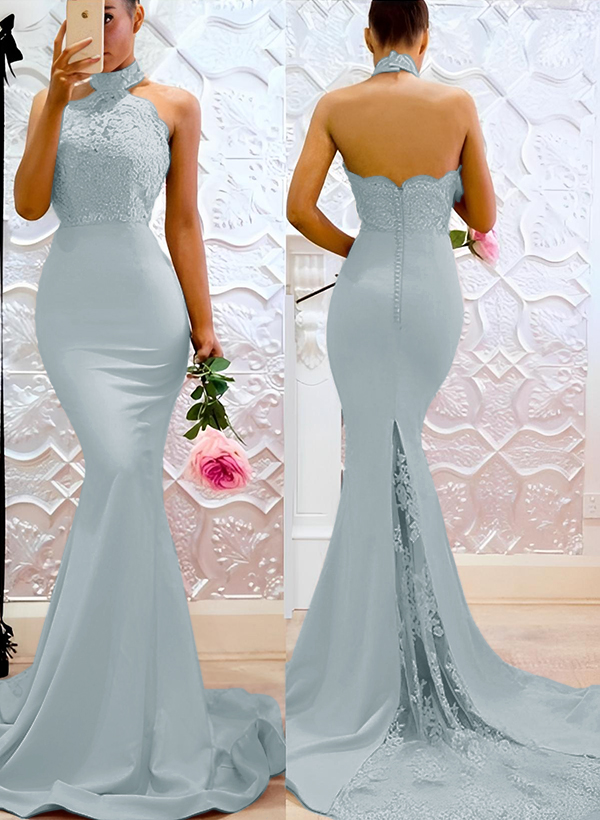 Lace Mermaid Halter Open Back Bridesmaid Dresses With Elastic Satin, image 8