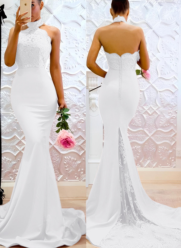 Lace Mermaid Halter Open Back Bridesmaid Dresses With Elastic Satin, image 14