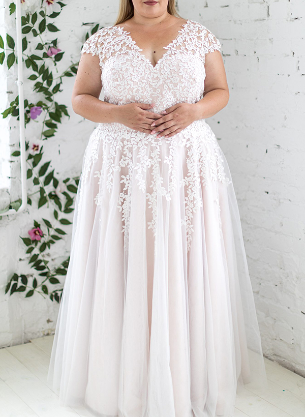 A-Line V-Neck Sleeveless Tulle(Non-Stretch) Plus Size Wedding Dresses With Appliques Lace in As Picture, US2