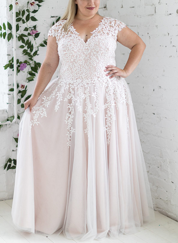 A-Line V-Neck Sleeveless Tulle(Non-Stretch) Plus Size Wedding Dresses With Appliques Lace, product image 2