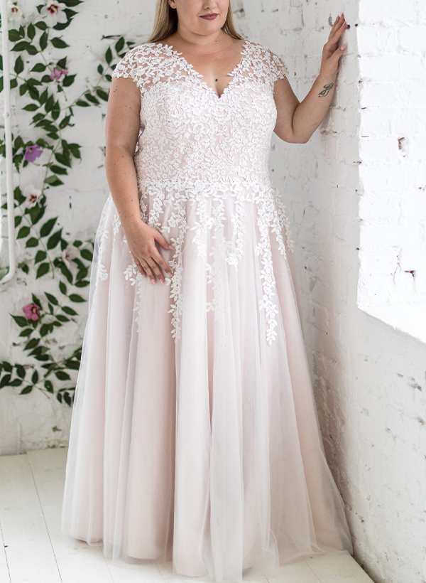 A-Line V-Neck Sleeveless Tulle(Non-Stretch) Plus Size Wedding Dresses With Appliques Lace, product image 3