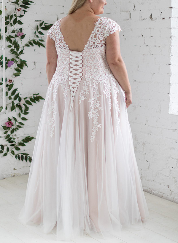 A-Line V-Neck Sleeveless Tulle(Non-Stretch) Plus Size Wedding Dresses With Appliques Lace, product image 4
