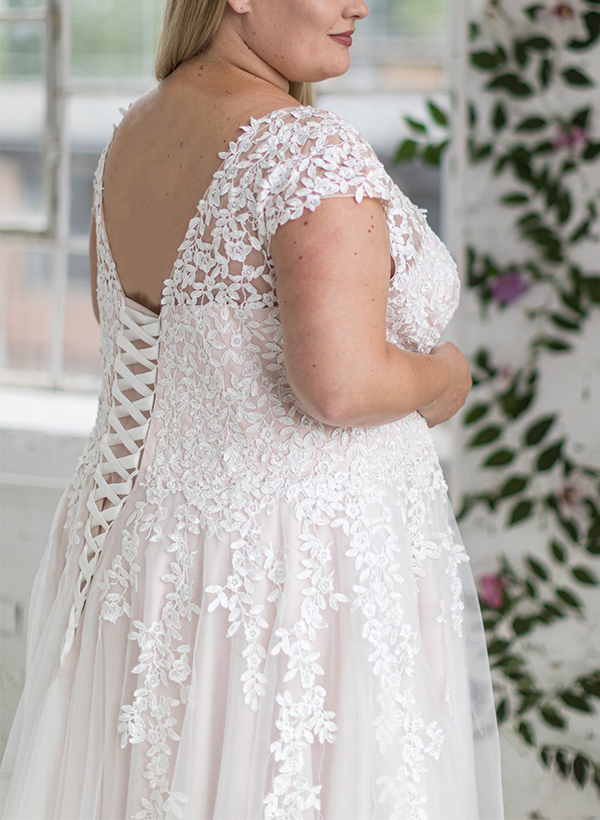 A-Line V-Neck Sleeveless Tulle(Non-Stretch) Plus Size Wedding Dresses With Appliques Lace, product image 5