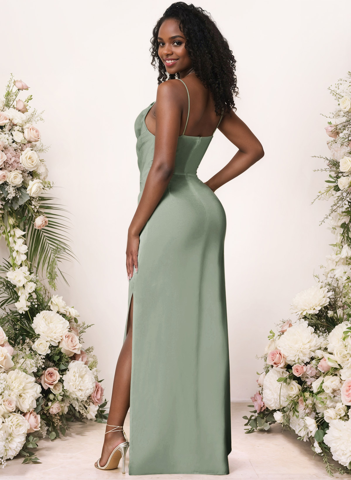 Sheath/Column Cowl Neck Floor-Length Silk Like Satin Bridesmaid Dresses With Split Front