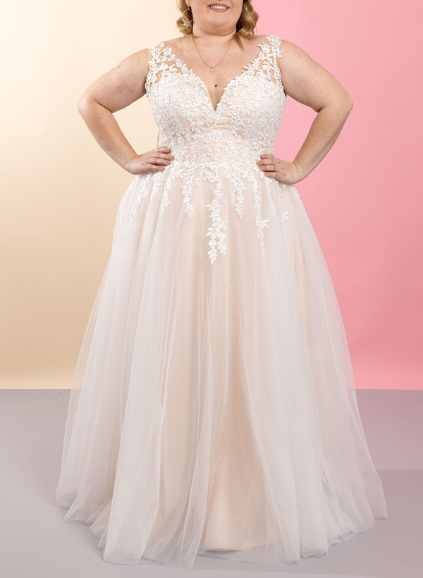 Plus Size A-Line V-Neck Floor-Length Tulle Wedding Dresses With Lace, product image 1